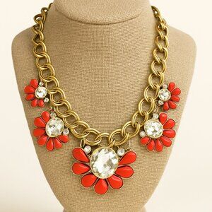 Statement necklace gold tone chunky chain coral orange flower resin Y2K J25